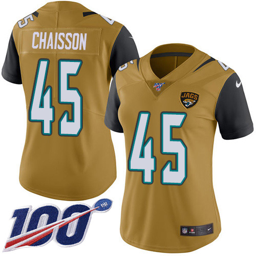 Nike Jacksonville Jaguars #45 kLavon Chaisson Gold Women Stitched NFL Limited Rush 100th Season Jersey